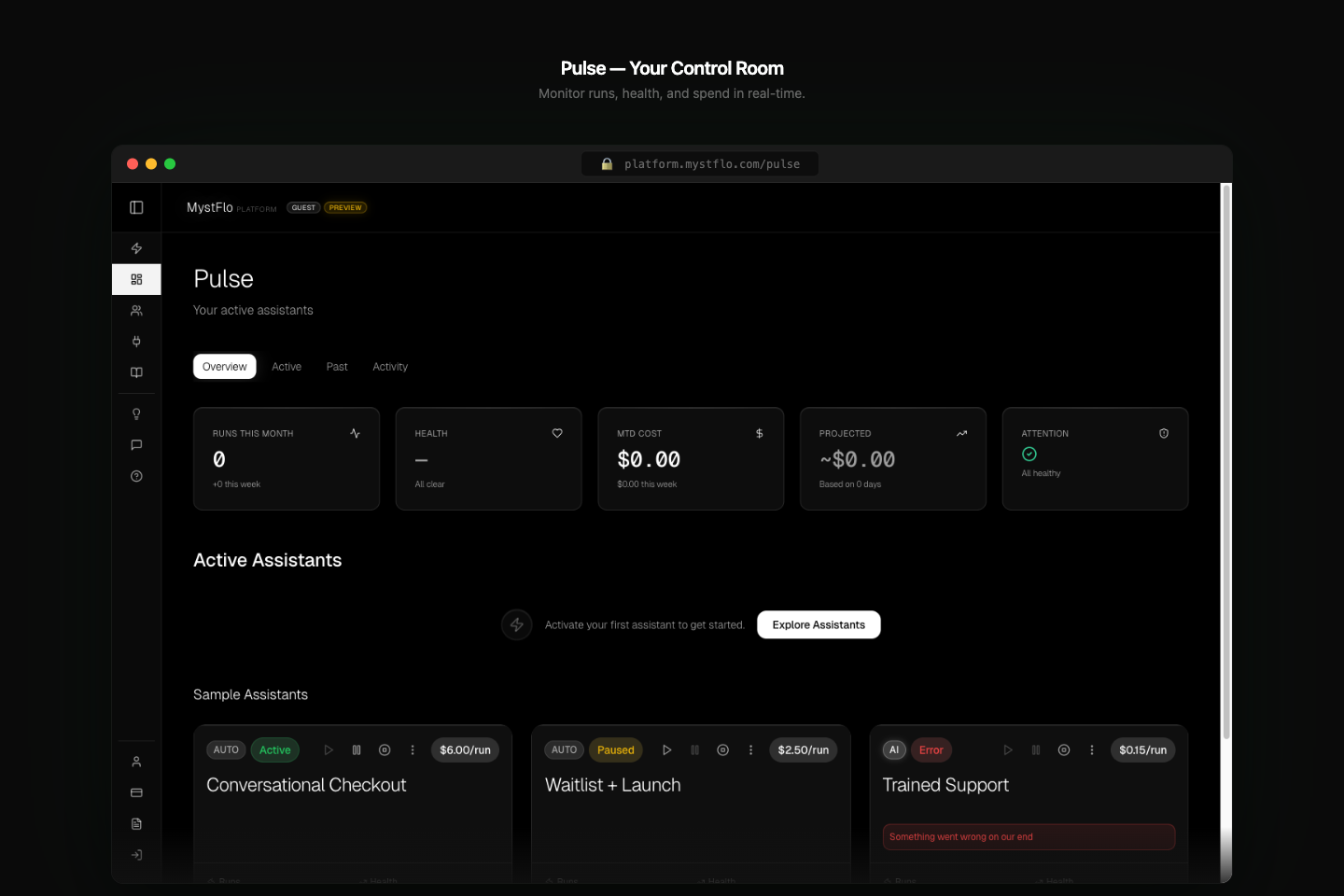 MystFlo Pulse dashboard showing assistant run history and metrics